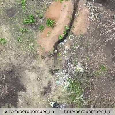 NSFW: Ukrainian Aerial Recon Unit "Aerobomber" of the 30th Mechanized Brigade drops grenades/vogs on Russian soldiers, wounding several.