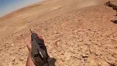 Iraqi tribesmen of Al Jighayfa tribe stalk an IS pickup that was carrying IS militants in Hawran valley and manage to destroy and kill all the combatants with zero casualties . 2022.