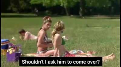 Two woman guessing a man's behavior using his towel.
