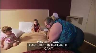 Morbidly obese woman nearly dies trying to get onto a bed with wheels
