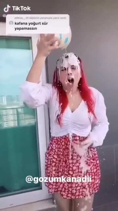 The meaining of the sestence in the article is pour yogurt on your head. You can not