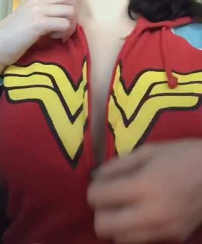 Braless reveal in my Wonder Woman sweatshirt
