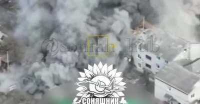 A Mig-29 fighter jet using a guided French AASM HAMMER aerial bomb destroyed the headquarters of Russian troops in the village of Tyotkino in the Kursk region. April 2025.