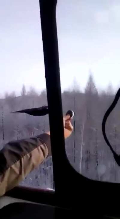 Crow flies parallel to a moving train, and on the way, grabs a biscuit from a passenger.