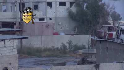 Jaysh al-Islam recoilless team succesfully targets an SAA BMP-1 moving through Barzeh - 2013