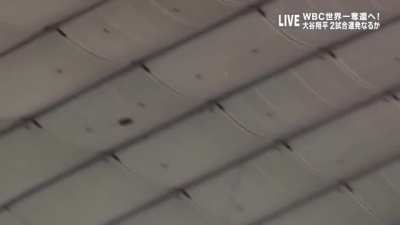 Japanese baseball star Shohei Otani hits a ball through a 2-foot gap in the roof.