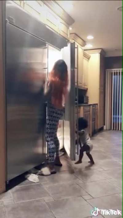 Baby was bent on closing the fridge.