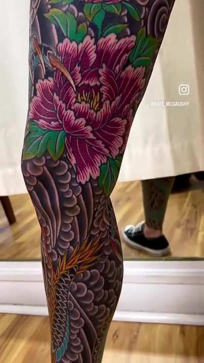 Finished dragon &amp;amp; peonies leg by Nate McGaughy in Wilmington, NC