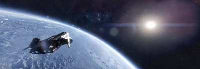 Animated screenshot. "Carrack fly-by"