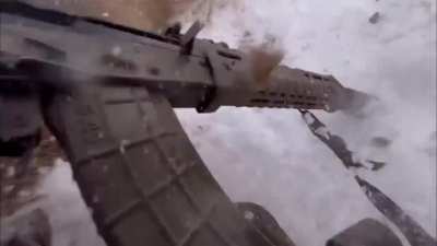 POV: A Ukrainian soldier from 12th Special Purpose Brigade "Azov" (NGU) engages a Russian soldier at very close range, but is wounded in the process. He survived and is recovering. Kreminna forest, date unknown.