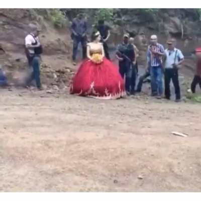 Quince&ntilde;era with the cartel in attendance.. Quincea&ntilde;era means the celebration of a girl's 15th birthday, marking her passage from girlhood to womanhood; it is tradition in Mexico