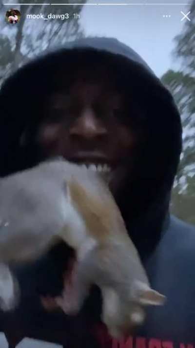 Javon Kinlaw&rsquo;s IG story with a dead squirrel in his mouth.