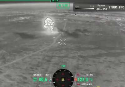 Ukrainian drone with thermals observes a Russian BMP driving into a mine and exploding, other destroyed and abandoned vehicles can be seen (Robotyne front, March 2024)