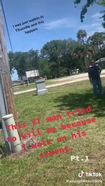 Racist piece of shit threatening to shoot and kill and beat a man with a baseball bat for walking on the sidewalk
