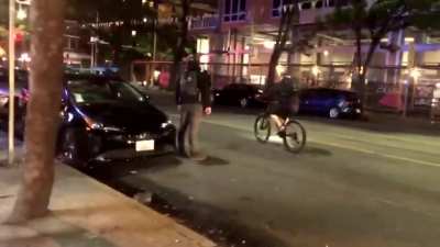 People ordering food &amp;amp; eating outside casually watch in horror as Antifa smash everything around them.
