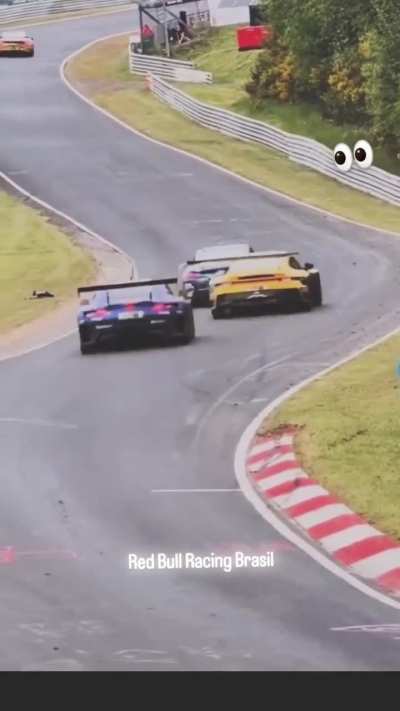 One of the moments when only razor sharp reaction saved Max and the Aston. The GT4 driver in the wrong place at the wrong time.