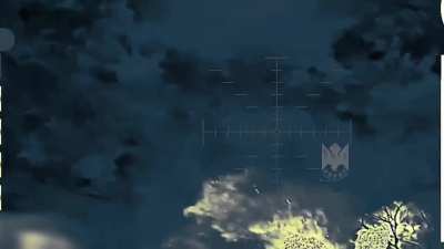 Ukrainian drones at night damaging or destroying a Russian T-90M breakthrough Tank, T-72B3 Tank and BTR-80 IFV in the Donetsk front with drone dropped munitions (Music from source)