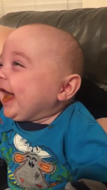 Babies first bites, his reaction gets me every time.
