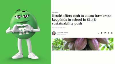 Green M&amp;amp;M reads about Nestle Child Labor
