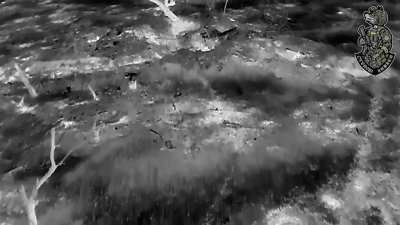 Reconnaissance drone of the Ukrainian 59th Mechanized Brigade drops grenade in Russian trench where a Russian soldier takes cover in the wrong direction, on top of the grenade.