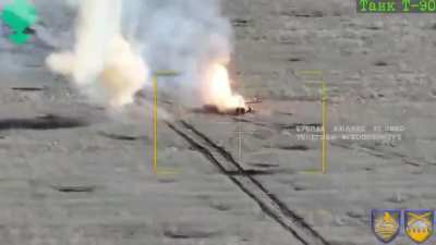 The FPV drone finishes off the downed Russian T-90M "Breakthrough" in the direction of Bakhmut 