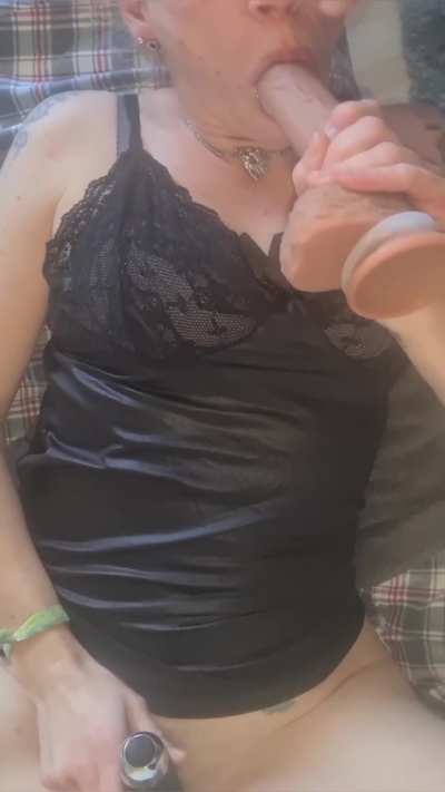 Cum on my Face while sucking a Huge Dildo 