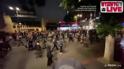 BLM marching in Hollywood CA, chanting "every city every town burn the precinct to the ground" "we want justice, if we dont get it burn it down" and harassing a streamer 4-15-2021
