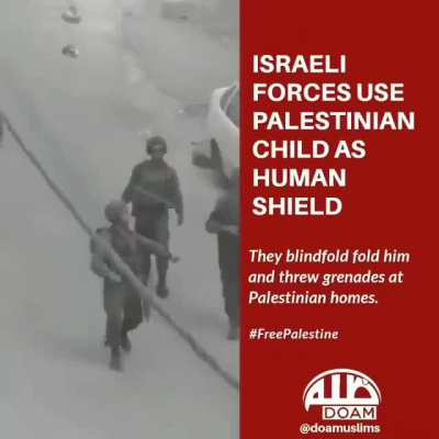 Isareli Defense Force (IDF) soliders using a blindfolded Palestinian child as a leverage/shield while they throw grenades in residential neighborhood.