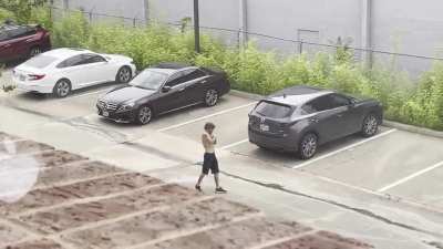 Danced his way through my office buildings parking lot. What you don&rsquo;t see is later, him slamming in to cars and repeatedly throwing himself on the concrete.