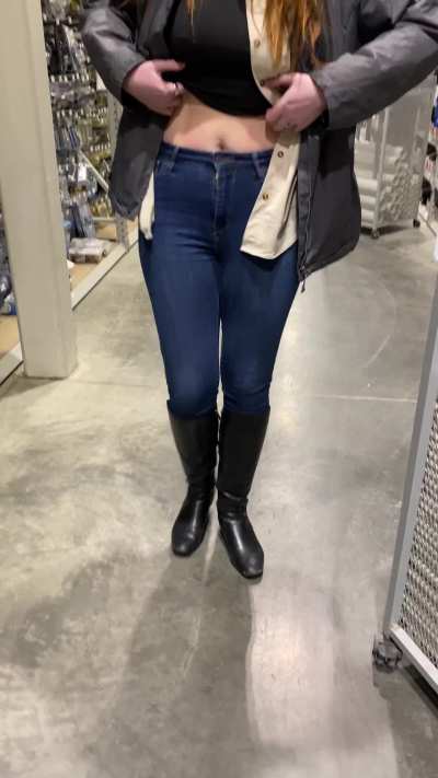 Taking my titties out in a store for bingo number 16. The rush was so much fun! [F]