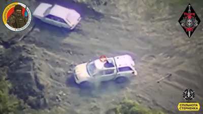 Russian Car gets FPVed next to a pontoon bridge in Kursk