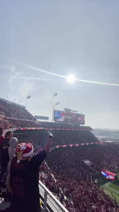 Three helicopters flyover Levi&rsquo;s Stadium today
