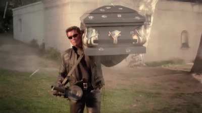 In "Terminator 3" (2003), the bullet holes in the base of the coffin disappear between shots.