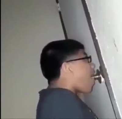 Intense doorknob blowjob
