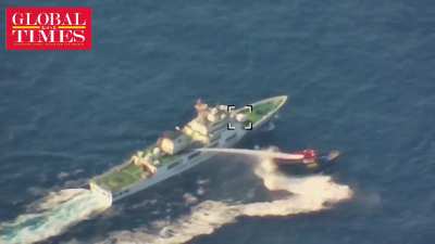 Counter-narrative news report from PRC mouthpiece Global Times. "Video footage obtained by GT showed a China Coast Guard ship fully intercepting the Unaizah May 4 from the Philippines side when it illegally intruded into waters adjacent to China's Ren'ai 