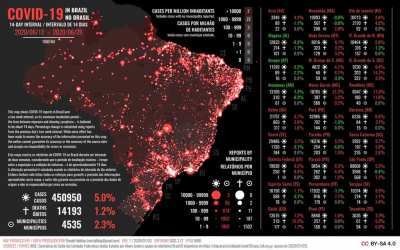 Anima&ccedil;&atilde;o que mostra o avan&ccedil;o da COVID-19 no Brasil at&eacute; o final de agosto. Cada quadro mostra a quantidade de casos, &oacute;bitos e municipalidades afetadas em 14 dias.
