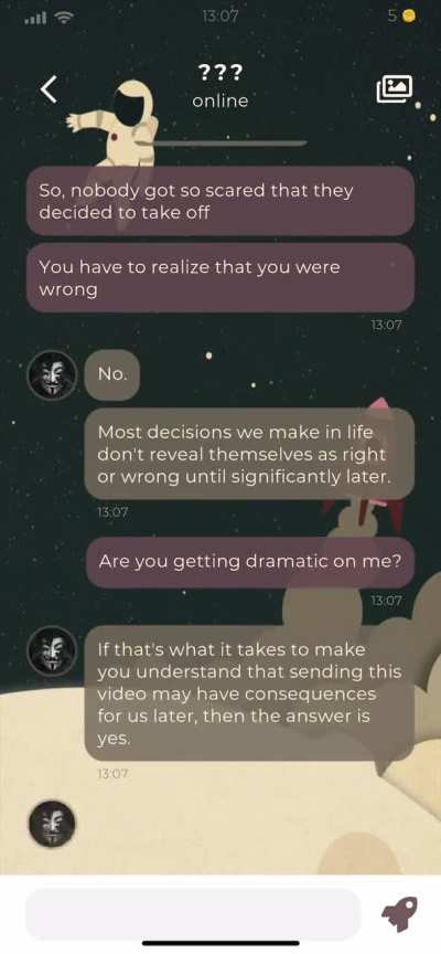 Jake&rsquo;s response to sending the video of Cleo to the group.
