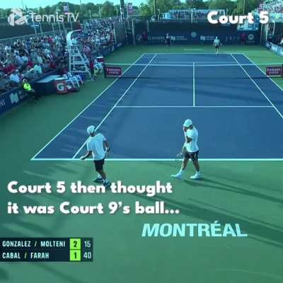 Tennis ball being hit from court to court causes funny confusion