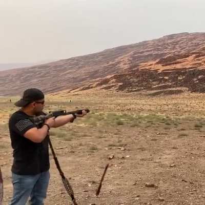 The gun seems to be tired of him missing the mark...