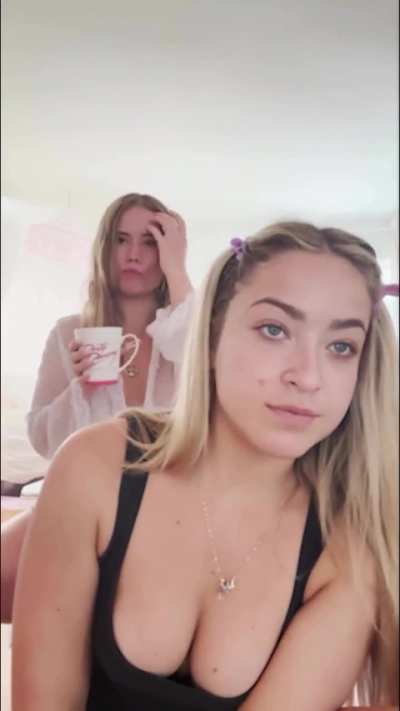 Has no bra on but hard to tell if she&rsquo;s wearing flesh coloured panties or just let her smooth cooch flash on an IG vid