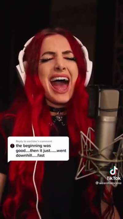 Woman sings "Take On Me" one octave higher than it should be. The last note is literally a whistle tone.