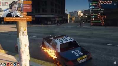 That moment when xQc was able to test drive a police car as a police officer and accidentally crashed it onto another police officer during a chase.