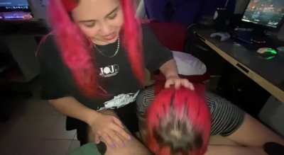 Cutely pushing her head so she gags on it
