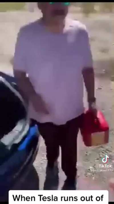 When a all electric tesla runs out of battery power you have to improvise...