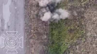 RU POV: UAF Group trying to advance towards the destroyed bridge, were discovered by "North" Group aerial reconnaissance and destroyed by VOG airdrops. Volchansk.
