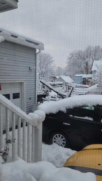 Security camera caught my startled wife's shriek, as snow slides off house roof.