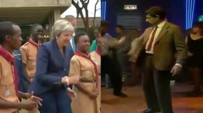 Former UK PM Theresa May versus Mr. Bean in a dance-off to end all the world's problems