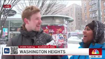 Reporter tries desperately to get the man she interviewing to wax nostalgic about winters past but the guy will not be deterred from keeping it very real