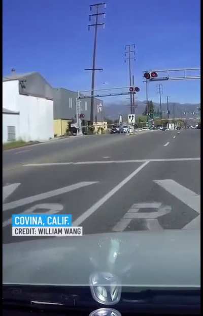 Idiot blows through train crossing arm
