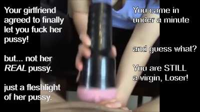 But... not her REAL pussy.. just a fleshlight. You're still a virgin :)